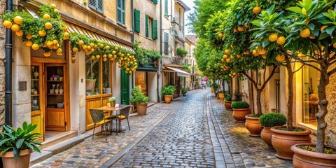 Fototapeta premium Cobblestone street lined with lemon trees and French pastries shops, pastries, france
