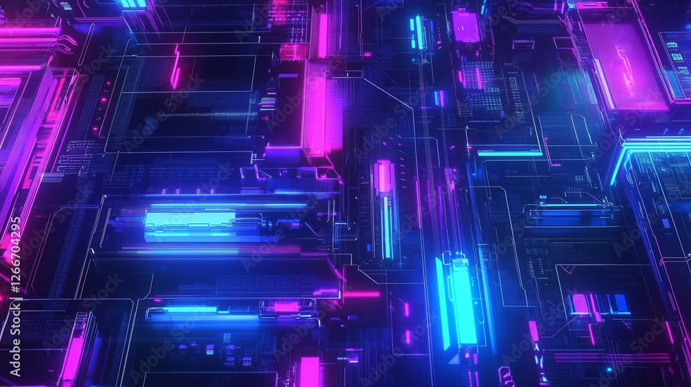 Fototapete 3d render of a neon-glowing circuit board with blue and purple hues, showcasing advanced connectivit