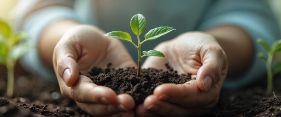 Caring Hands Nurturing a Green Seedling in Dark Soil