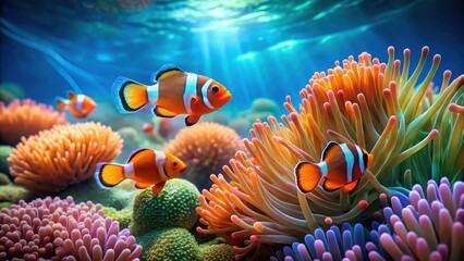 Oceanic Scene Vibrant Coral Reef with Three Clownfish Swimming Amongst Lush Anemones and Other Colorful Coral Formations