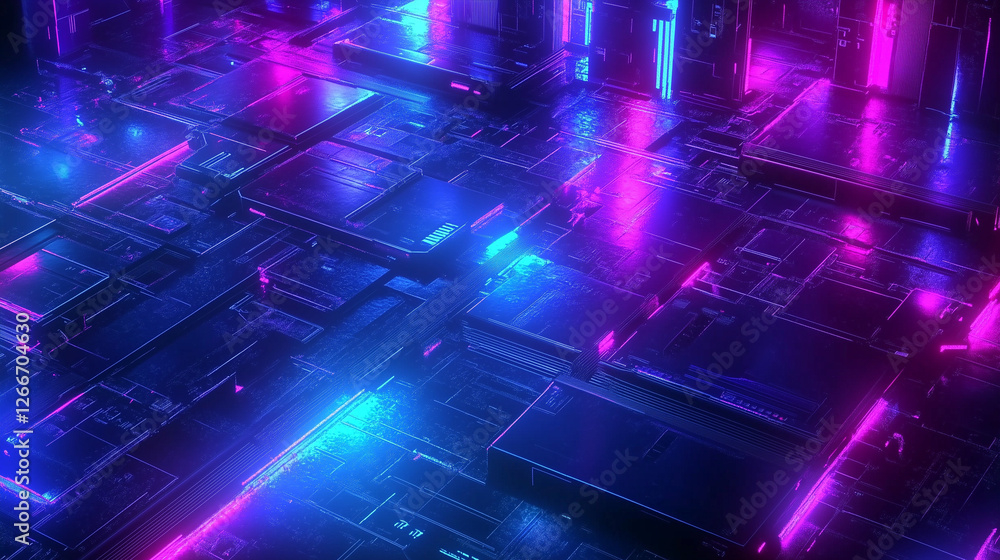 Fototapete 3d render of a neon-glowing circuit board with blue and purple hues, showcasing advanced connectivit