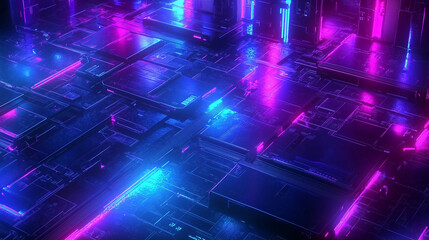 Obraz premium 3D Render of a Neon-Glowing Circuit Board with Blue and Purple Hues, Showcasing Advanced Connectivity and Data Flow in a Digital World.
