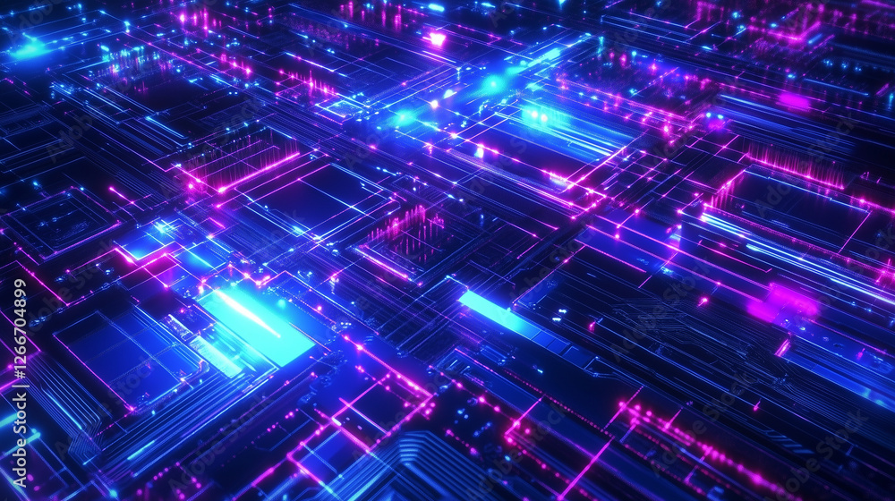 Poster 3D Render of a Neon-Glowing Circuit Board with Blue and Purple Hues, Showcasing Advanced Connectivity and Data Flow in a Digital World.