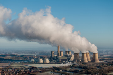 Draw Power Station in East Yorkshire. Large Biomass power station aerial view with lots of steam...