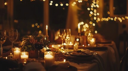 Obraz premium Elegantly set holiday dining table illuminated by candlelight and fairy lights