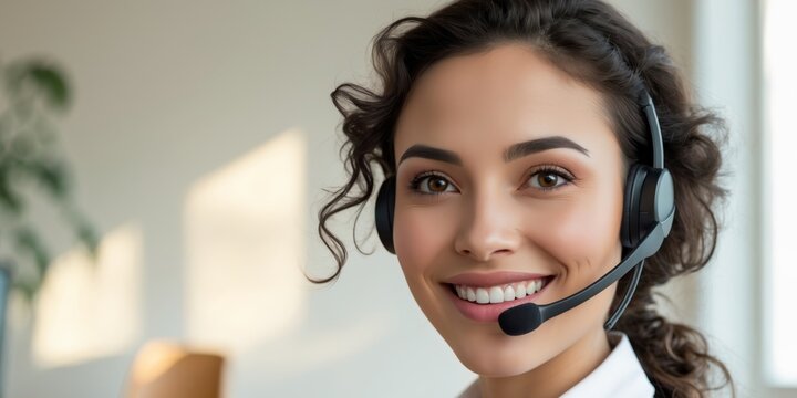 Smiling Customer Service Representative with Headset in Bright Office Setting with Neutral Background and Ample Copy Space for Text