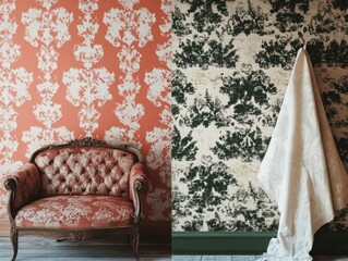 Coral and green floral wallpaper samples with antique chair