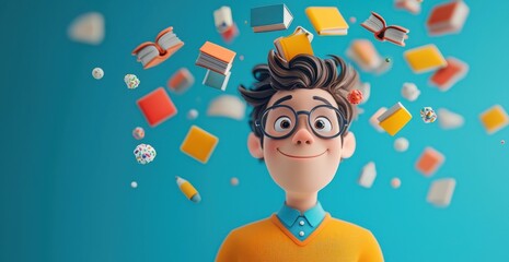 Cheerful Young Character Surrounded by Books and Educational Icons
