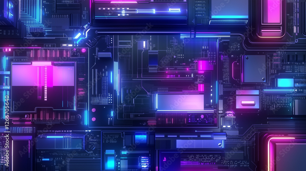 Leinwandbilder 3d render of a neon-glowing circuit board with blue and purple hues, showcasing advanced connectivit