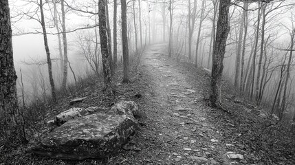 Fototapeta premium Misty Forest Path A Serene Winter Hike