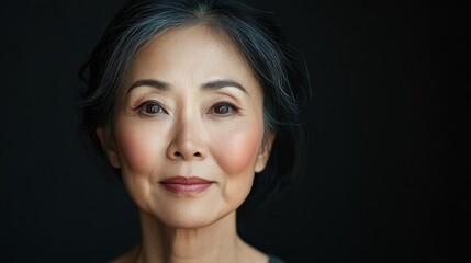 Fototapeta premium asia Before and after photos of a problematic face and healthy skin. Portrait of a Mature Asian Woman with Calm Expression Against Dark Background