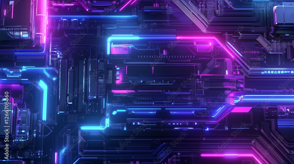Poster 3D Render of a Neon-Glowing Circuit Board with Blue and Purple Hues, Showcasing Advanced Connectivity and Data Flow in a Digital World.