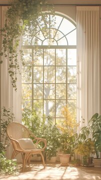 Wicker chair near window, many plants indoor, sunlight, blurred trees backdrop, home use