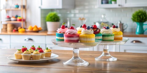 Colorful Assorted Cakes on a Glass Stand Displayed in a Bright and Modern Kitchen, glass stand