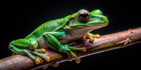 Fototapeta premium Vibrant Green Tree Frog Perched on a Branch, a Close-Up Study of Amphibian Anatomy in Detail