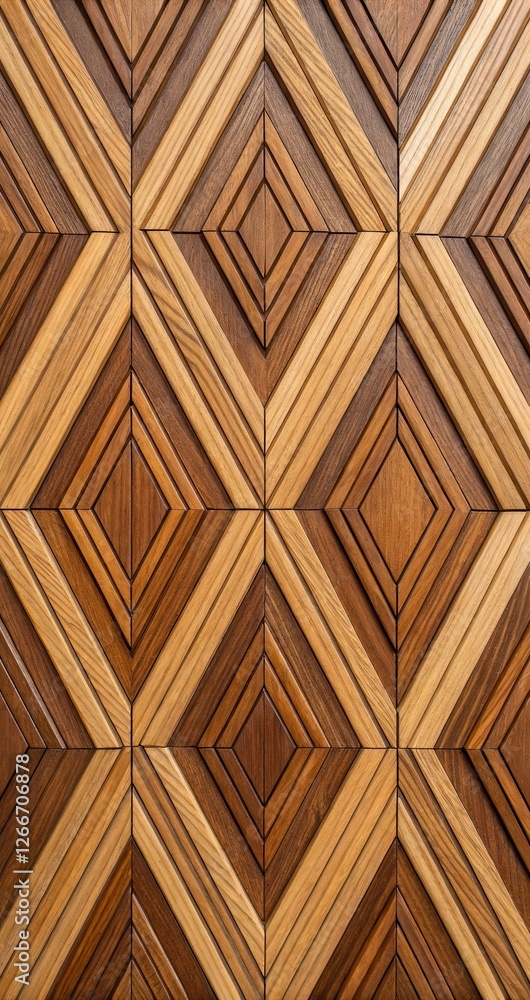 Poster geometric wood pattern features interlocking diamonds in various shades. generative ai