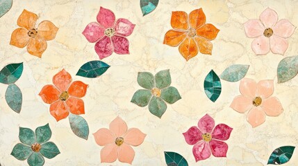 Colorful mosaic floral wall art, temple background, design texture