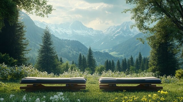Tranquil Scenic Landscape Featuring Two Chals Nestled in a Lush Green Field Surrounded by Majestic Mountains Capturing the Essence of Nature's Beauty and Peaceful Outdoor Serenity