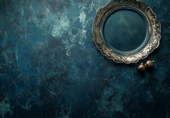 Teal ornate plate, dark background, overhead, empty,  menu design