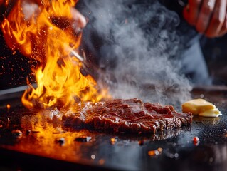 Naklejka premium Skilled Teppanyaki Chef Searing Premium Wagyu Beef on Scorching Griddle with Sizzling Butter and Intense Flames