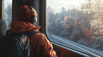 Person Traveling by Train Wearing Headphones Views Winter Scenery