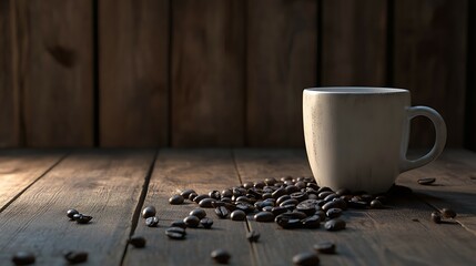 Coffee cup and coffee beans on wooden table. Vintage style.