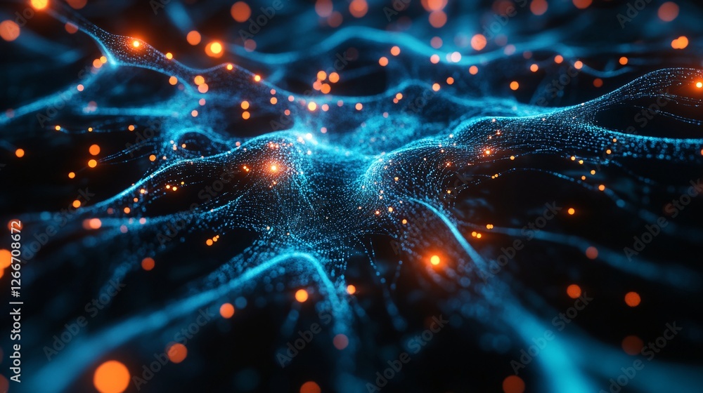 Poster a vibrant abstract image showcasing interconnected lines and glowing particles in shades of blue and