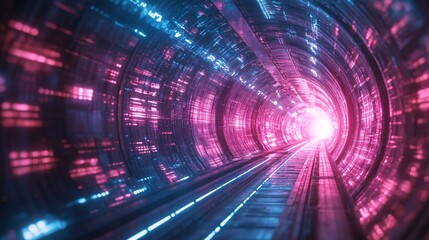 Fototapeta premium A vibrant, futuristic tunnel illuminated with blue and pink lights, creating a sense of depth and movement toward a bright center.
