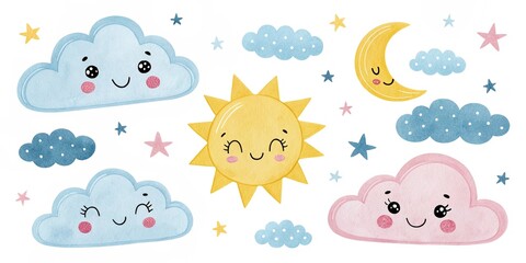 Whimsical Watercolor Illustration of Cute Clouds with Faces and Playful Sun and Moon in Soft Pastel Colors.