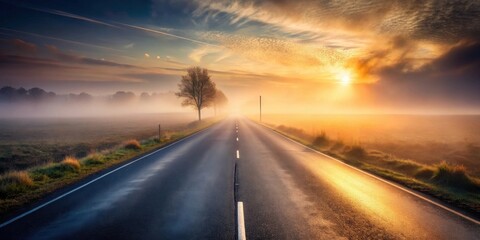 Fototapeta premium Asphalt road stretching towards a misty sunrise, bathed in the warm golden light of dawn, with a solitary tree standing sentinel beside it