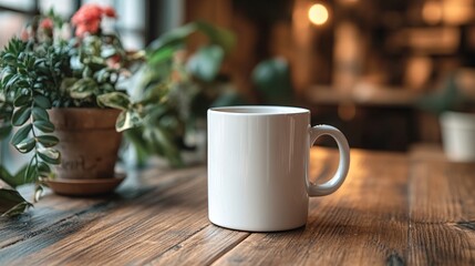 A simple white mug sits on a wooden table, surrounded by plants in a cozy, softly lit environment.