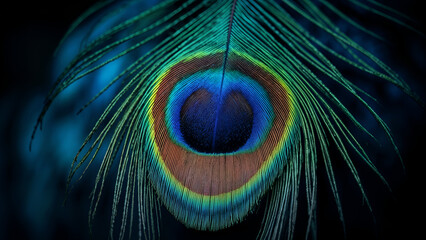Obraz premium Peacock Feather Macro: A single peacock feather, showcasing intricate details, is captured in a macro shot, highlighting the vibrant colors and unique eye pattern. The feather's rich blues, greens.