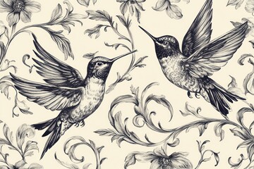 Fototapeta premium Hummingbirds floral pattern, vintage design, nature background, textile print