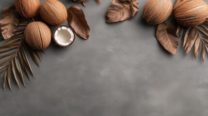 Whole and broken coconuts arranged with dry palm and monstera leaves, creating an elegant frame on a textured gray background, offering ample copy space for design elements