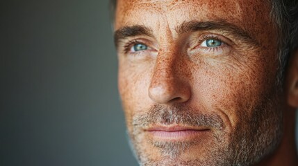 Fototapeta premium Before and after photos of a problematic face and healthy skin. Close Up Portrait of a Middle Aged Man with Blue Eyes and Freckles