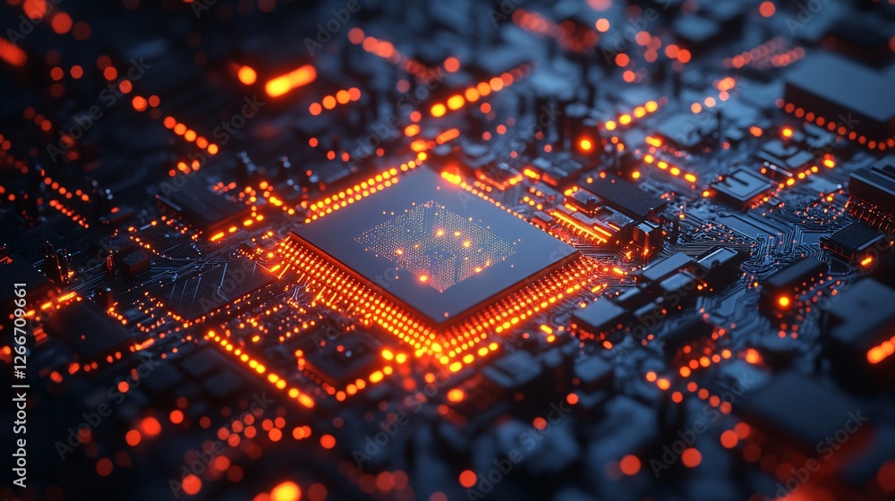 Poster a close-up view of a circuit board featuring a glowing microchip, highlighting intricate connections