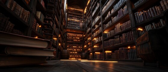 Dark, High-Ceiled Library with Bookshelves & Lighting