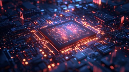 Obraz premium A vibrant, high-tech microchip on an electronic circuit board, illuminated with glowing lights, representing advanced technology and innovation.