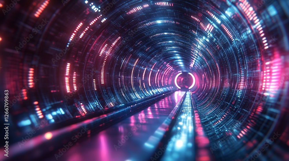Poster a futuristic tunnel with vibrant blue and pink neon lights, creating a mesmerizing visual effect tha