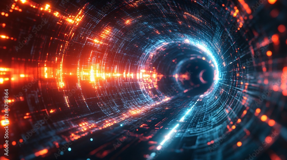 Poster a vibrant, futuristic tunnel of light featuring dynamic blue and orange patterns, creating a sense o