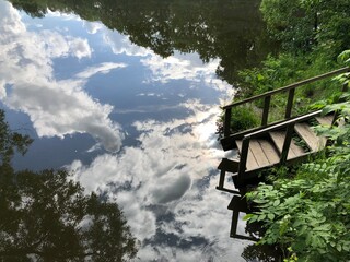 pond, sky, clouds, mirror, reflection, descent, stairs, wooden stairs, pier,