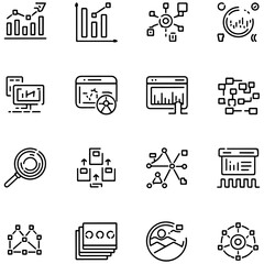 Data analysis set of web icons in line style. Data analytics icons for web and mobile app. Graphs, traffic analysis, data processing, research network collection,...........................