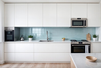 Fototapeta premium This image depicts a modern kitchen with white cabinets and stainless steel appliances. 