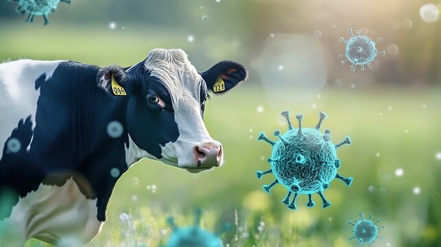 Dairy cow with avian flu virus particles, symbolizing animal health risks and disease prevention