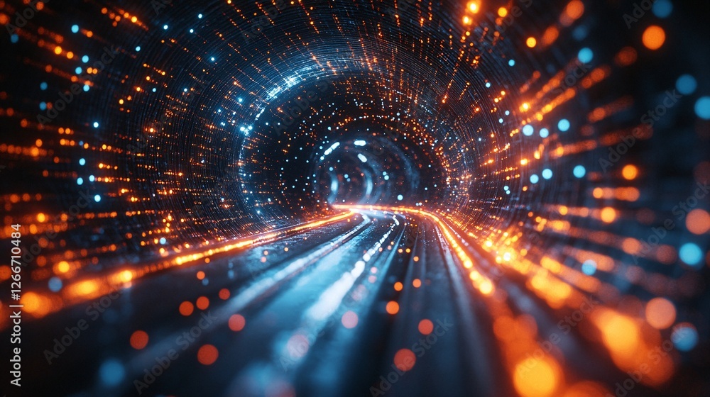 Poster a vibrant tunnel of blue and orange lights conveys a sense of speed and movement, creating a dynamic