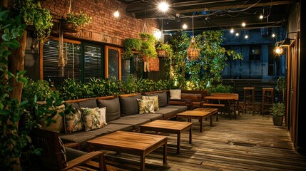 Fototapeta premium Nighttime Terrace Oasis: Serene Outdoor Lounge with Lush Greenery and Warm Lighting
