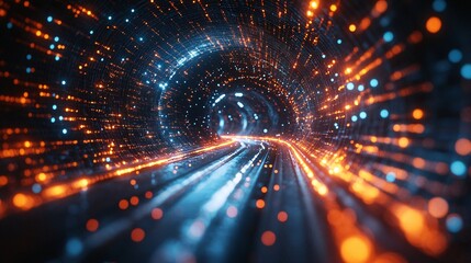 Fototapeta premium A vibrant tunnel of blue and orange lights conveys a sense of speed and movement, creating a dynamic, futuristic atmosphere.