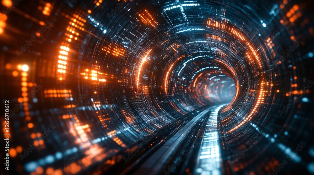 Poster a futuristic tunnel illuminated by glowing orange and blue lights, creating a mesmerizing digital ef