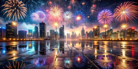 Fototapeta premium Dark fireworks illuminate the night sky above a bustling cityscape, with vibrant colors and patterns reflected in the wet pavement, fireworks, illuminated buildings