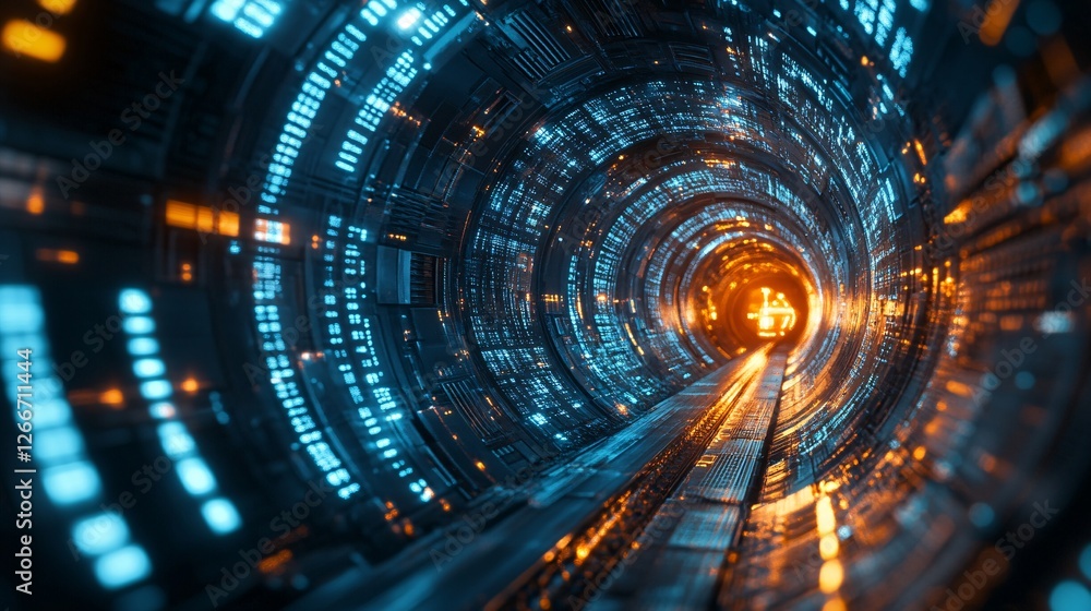 Poster a futuristic tunnel with glowing blue and orange lights, creating a dynamic and immersive digital at